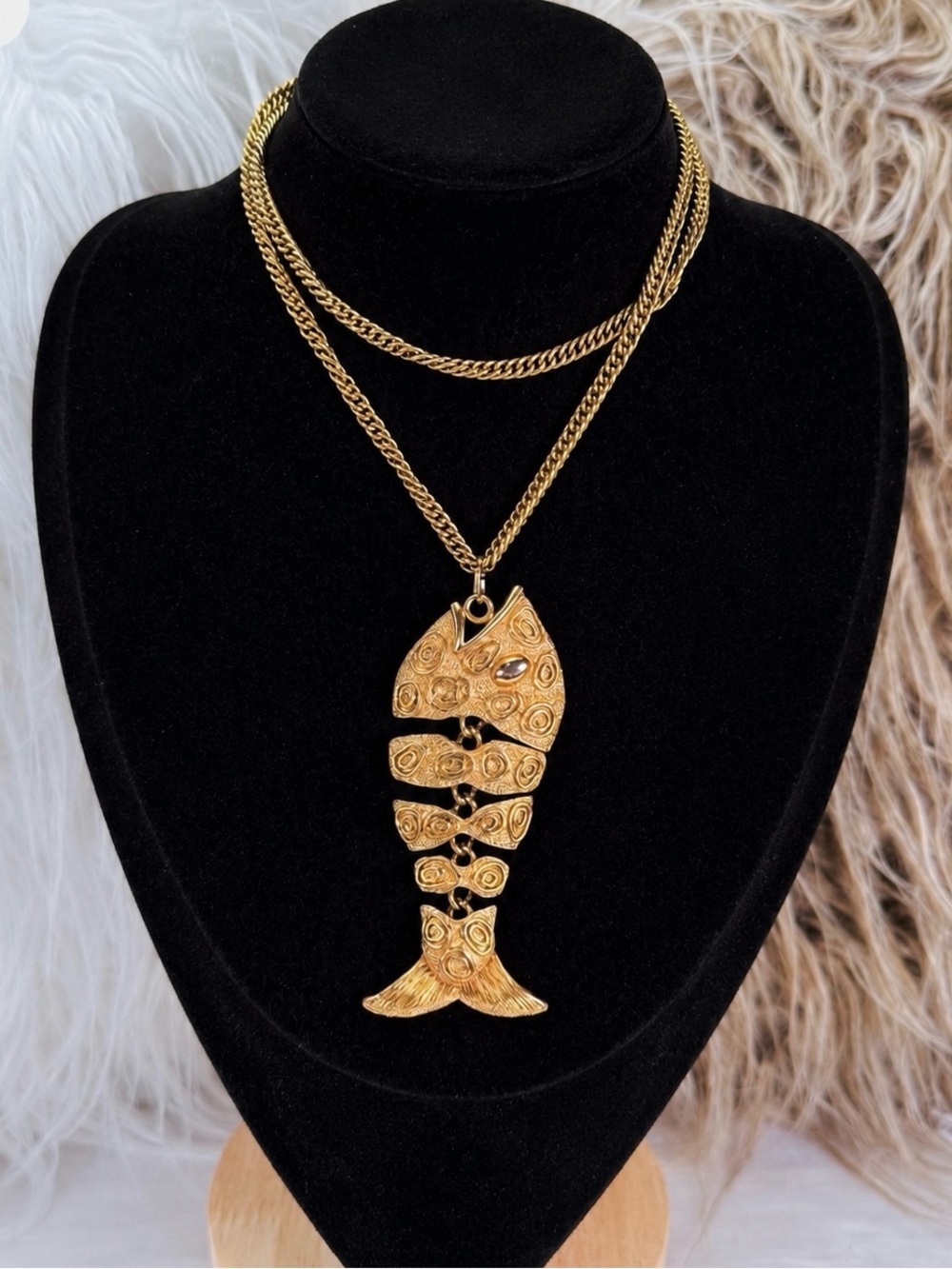 Vintage Articulated Fish Aged Goldtone Pendant Necklace • JJ Jonette Signed
